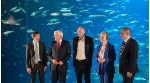 Vor den Fischen: v.l.n.r. Prof. Burkard Baschek, wissenschaftlicher Direktor am Deutschen Meeresmuseum, Bundespräsident Frank-Walter Steinmeier, Meeresmuseum-Direktor Andreas Tanschus, Ministerpräsidentin Manuela Schwesig und Oberbürgermeister Alexander Badrow