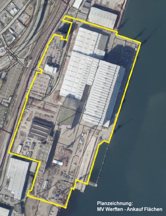 Das sind die 34 Hektar Werftgelände (Überblicksansicht), die mit dem Kaufvertrag und dem Beschluss der Bürgerschaft zum 1. März an die Hansestadt Stralsund übergehen.