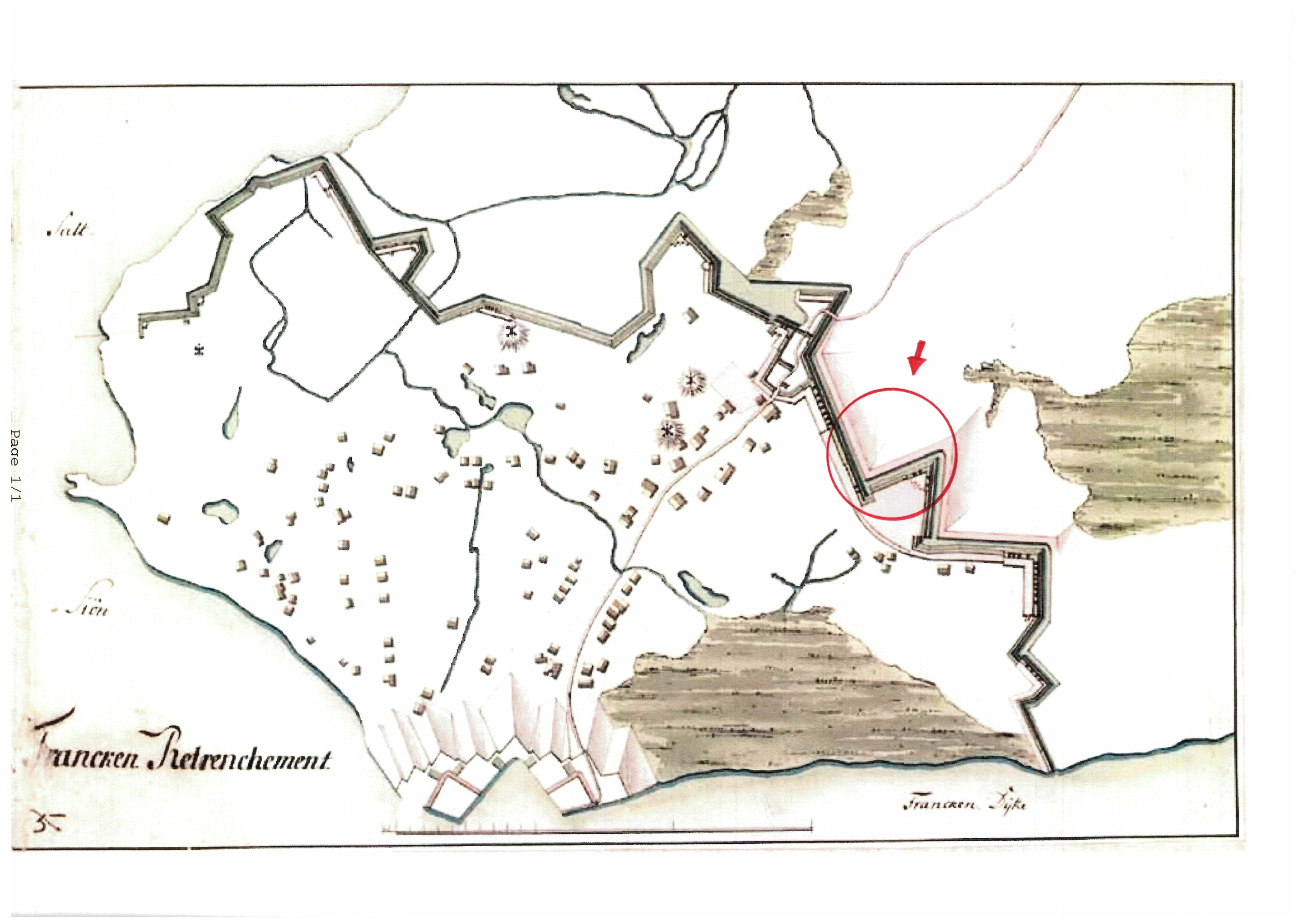 Frankenretranchement in den 1750er Jahren mit Lage des Grabenrests